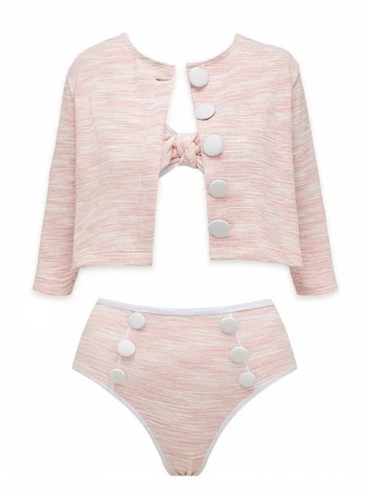 

Retro Bikini Printed Fashion 3 Piece Swimsuit And Cover Up With Cardigan Tight Women's Bandage Summer Beach Luxury Elegant