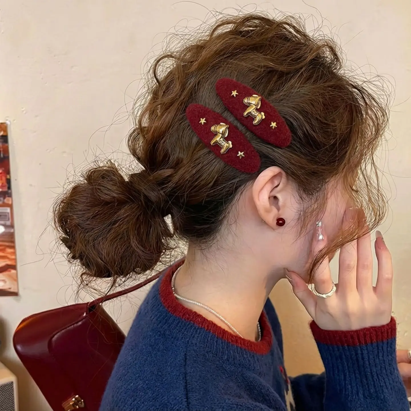 1pc Red Wool Horse Star Hair Clip New Year Sweet Unique Forehead Bangs Flyaway  Side Clip for Women