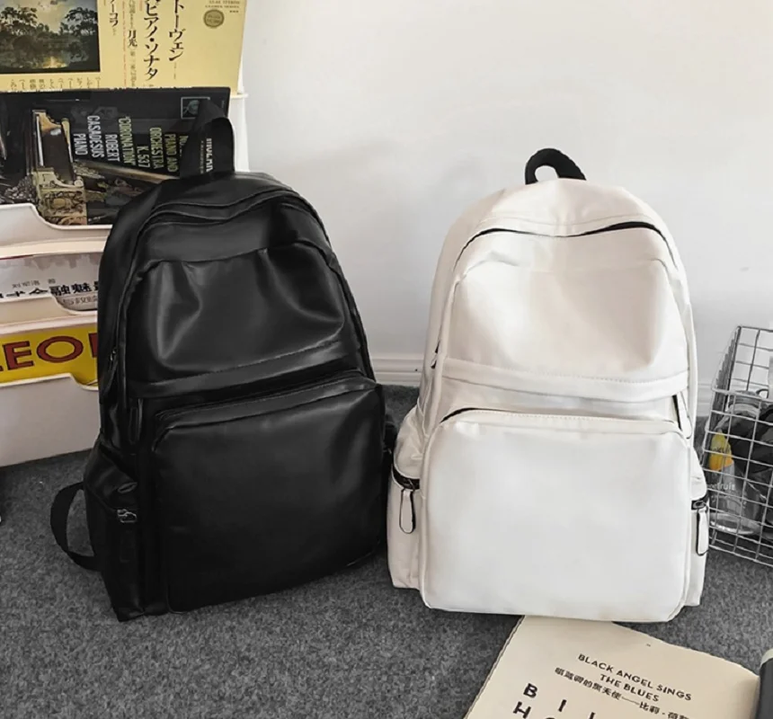 New Korean Men Women Large Capacity Laptop School Bag Soft Leather Double Zipper Shoulder Bags Casual Travel Backpack Totes