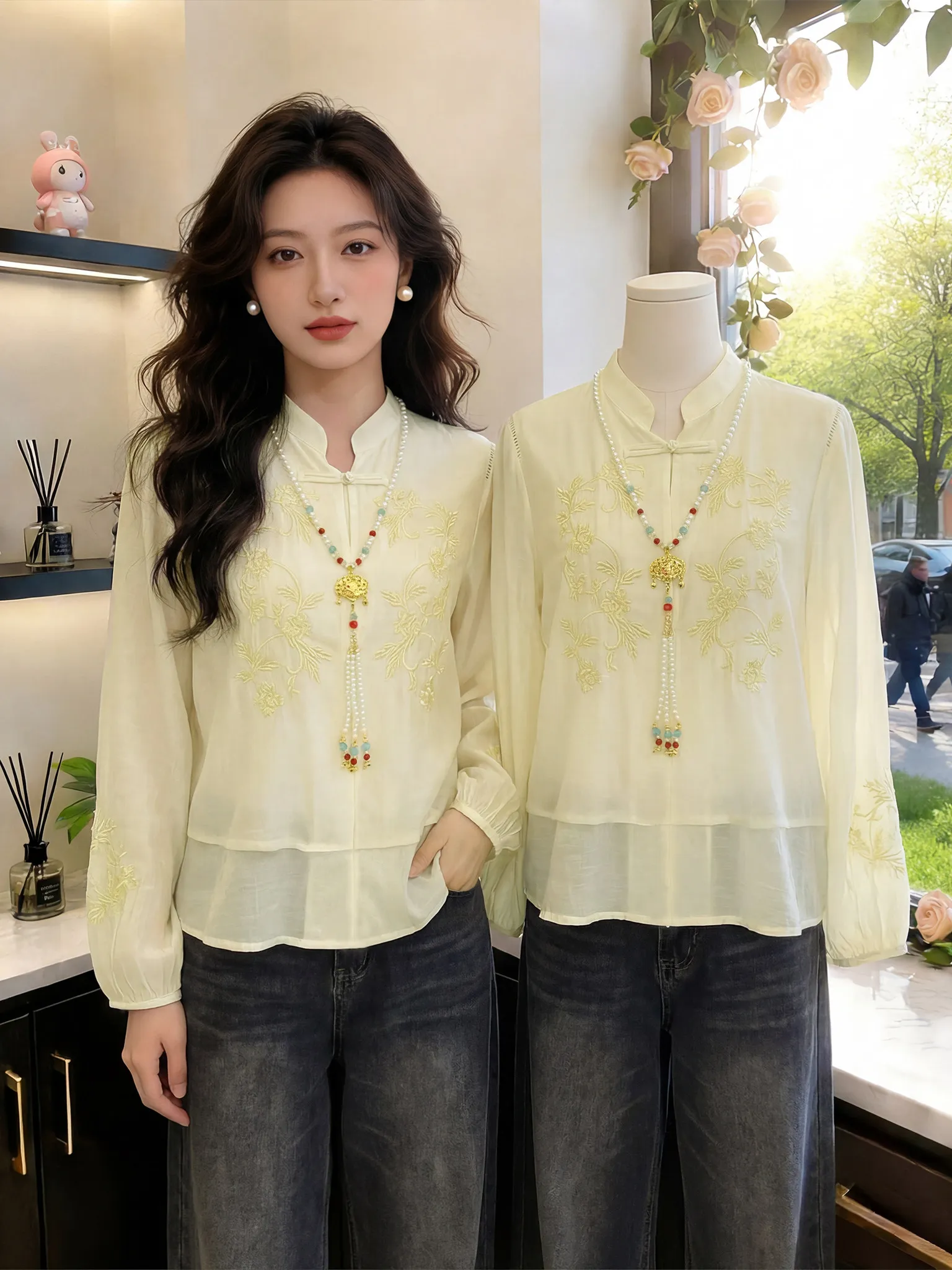 

Elegant Chinese Style Long Sleeve Shirt Women's Top Beautiful Embroidery Base Layer Fashionable Commute Wind Loose Fit