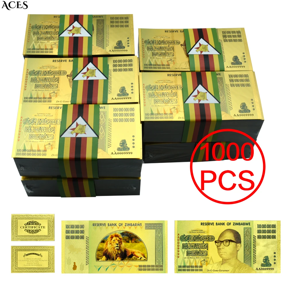 

1000pcs Zimbabwe Gold Foil Banknotes with Sealing Strip One Hundred Decillion Dollars Zimbabwe Money with UV Mark Souvenir