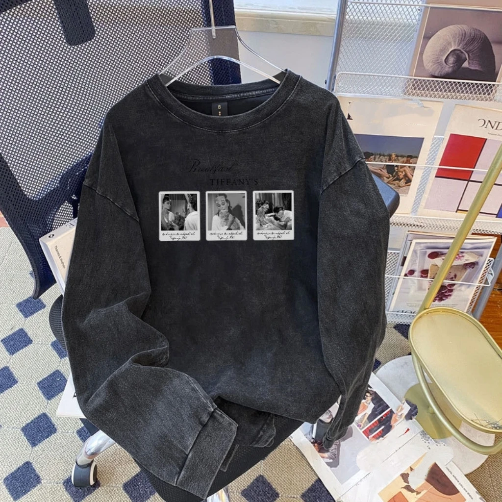 Faionable Loose Long Sve round Ne T-irt Cotton Casual Sle Worn-In Look Women's Autumn Top Printed Loose Top