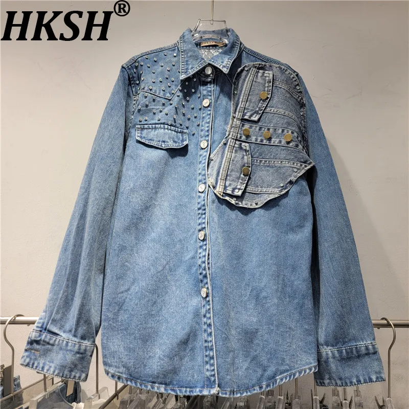 

HKSH Women Chic Denim Shirt Asymmetric Studded Diamonds Spliced Long Sleeves Single Breasted Retro Casual Top New Spring HK20350