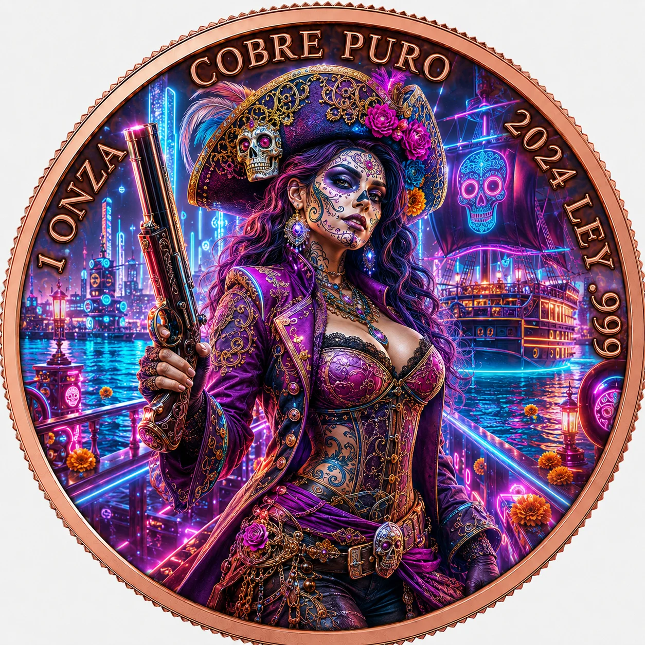 1oz .999 Copper Modern for Pirate Catrina Neon Day Dead Skull Commemorative Medal 3D Engraved UV Printed Art Collectible