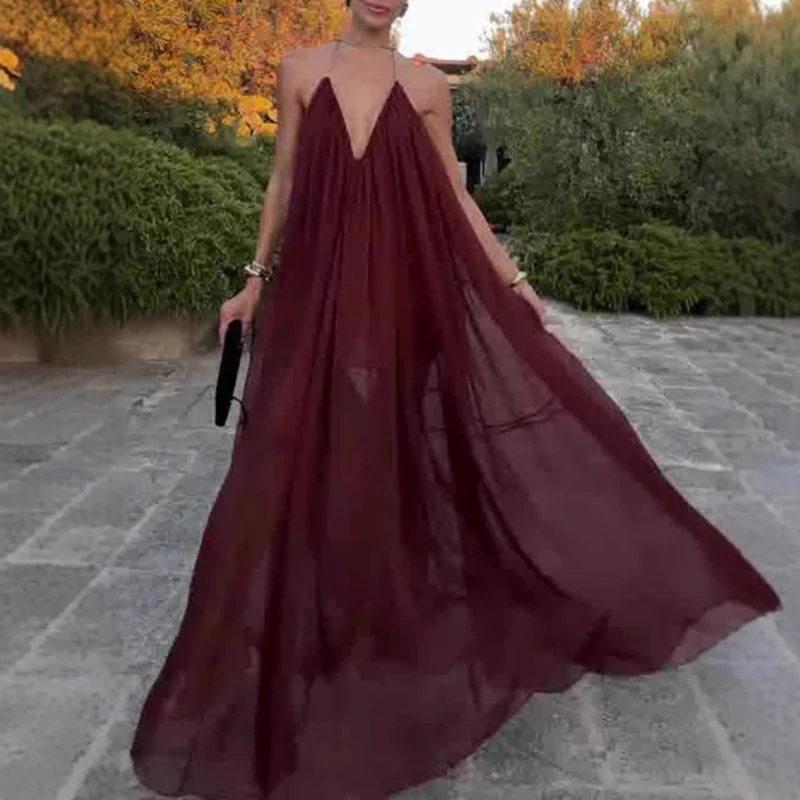 Sexy feminino sem costas vestido de convidado de casamento 2025 férias de verão cor sólida vestido longo casual baixo corte com decote em v vestido de festa plissado