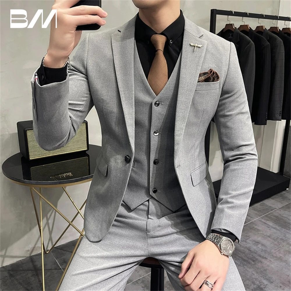 

One Button Men's Suit Set 3 Piece Jacket Vest Pants Solid Grey Black Business Men Tuxedo Groom Suits For Wedding Plus Size