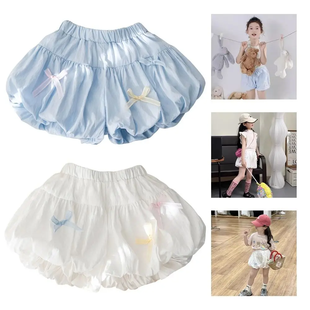 

Solid Color Girls Shorts Bow Decorative Loose Pants Baby Girls Shorts Folded Design Elastic Waist Summer Shorts Korean Version