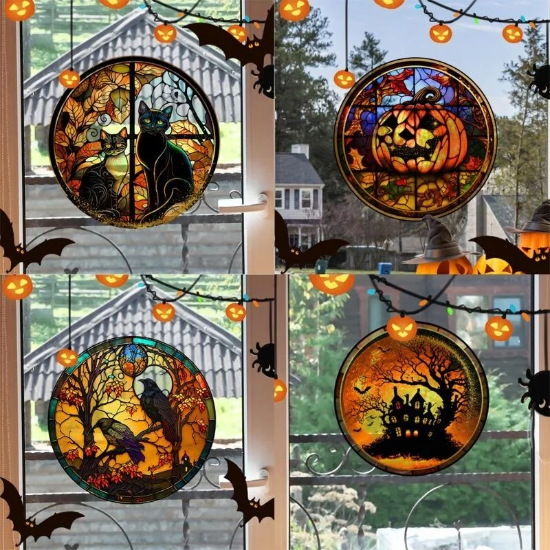 New Halloween Home Party Decoration Stained Horror Castle Cat Static PVC Window Glass Stickers Glue Free Decorative