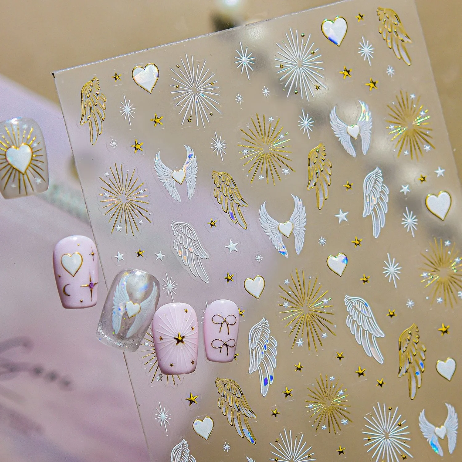 Holographic Angel Nail Art Stickers 5D Gold Foil Wing Heart Star Beam Firework Star Self Adhesive Nail Decals for Acrylic Nails