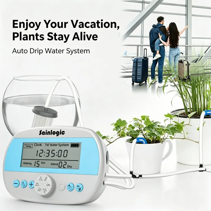 

Sainlogic Drip Irrigation Kit, Auto Plant Watering System, Anti-Siphoning Device, 15 Pots DIY Timer Pump for Indoor Garden