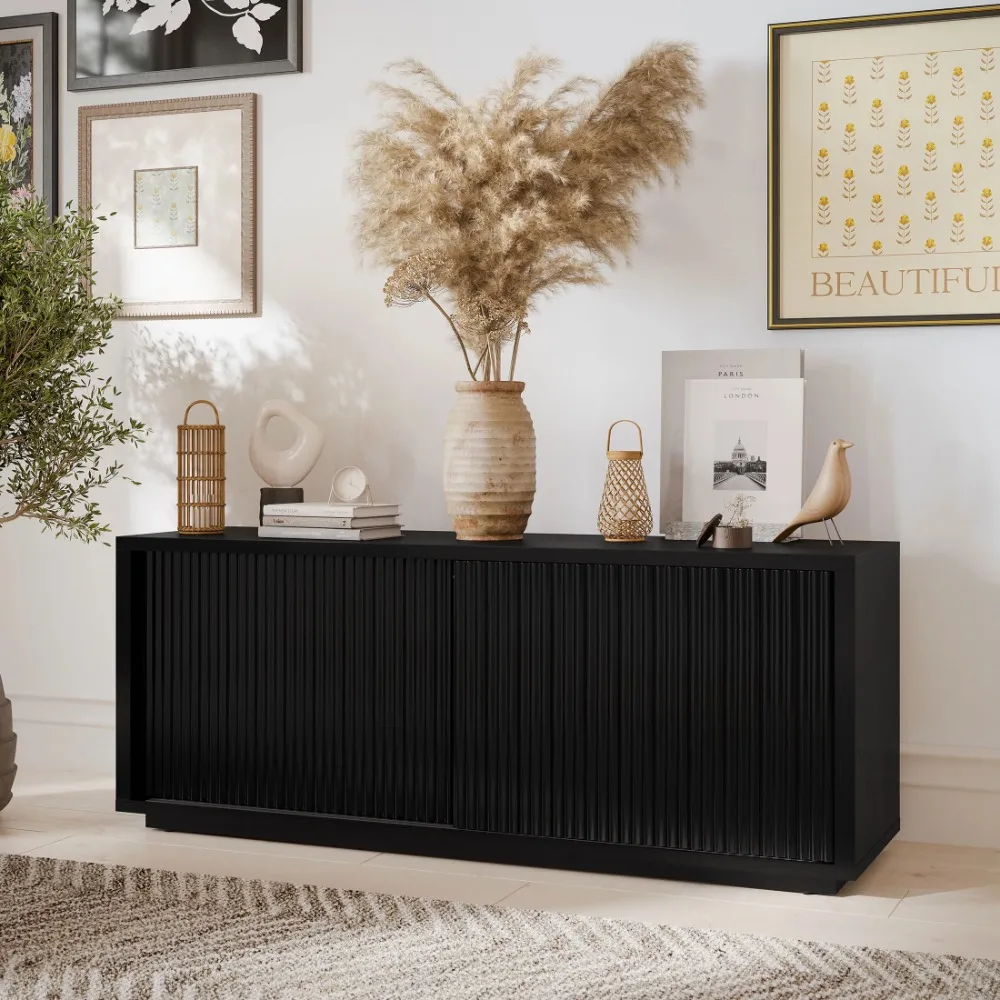 

2024 New Beautiful Fluted TV Stand for TV’s Up To 70”, Rich Black Finish