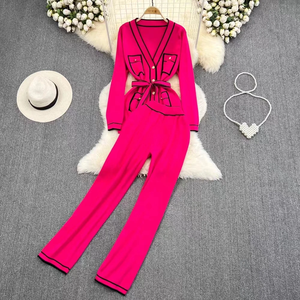 Vintage Contrast Color Knitted Two Piece Set for women V-neck Long Sleeve Lace Up Cardigan Coat + Wide Leg Pants Sets Tracksuit