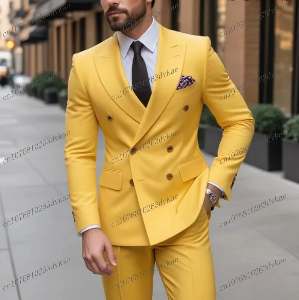 

Fashion Male Yellow Business Men Suit Groom Groomsman Wedding Party Prom Formal Occasion Tuxedos 2 Piece Set Blazer Pants