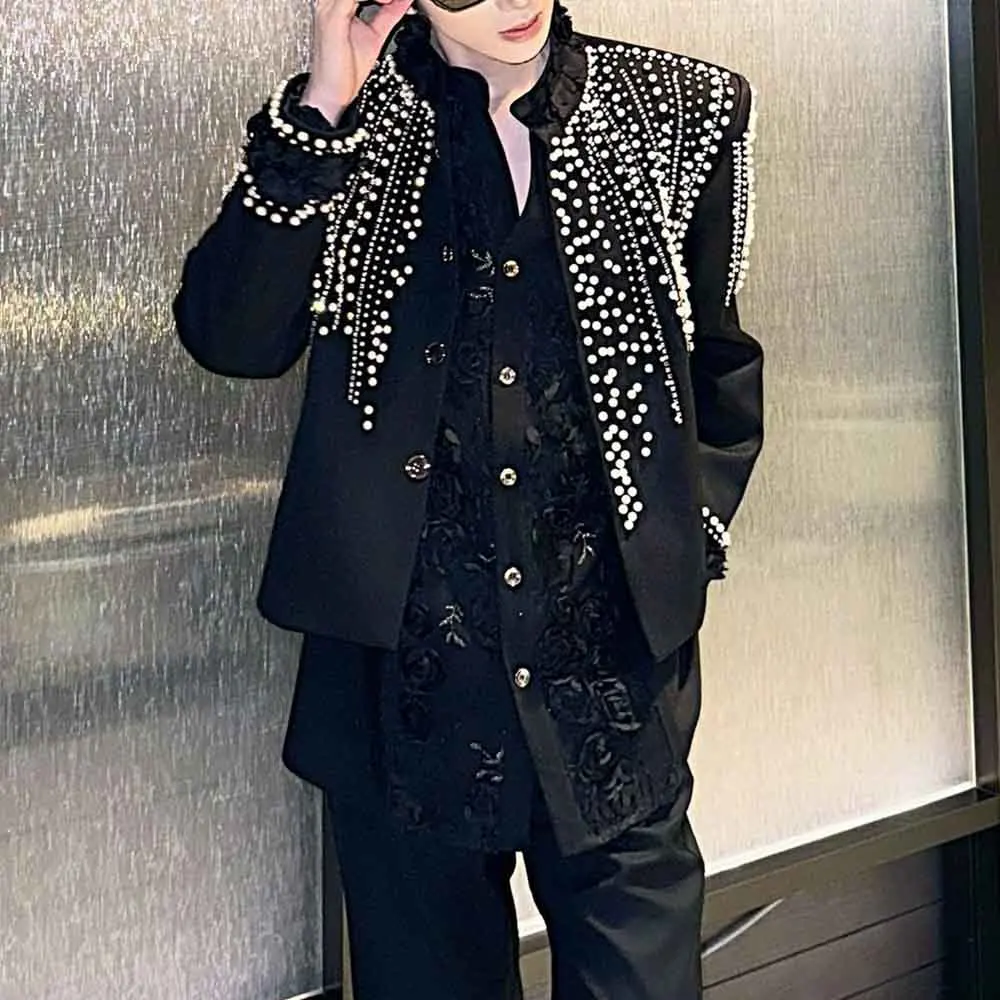 Men Autumn Jacket Pearl Rhinestones Ballroom Jacket Fashion Nightclub Stage Performance Streetwear Trend Top Men'S Clothing 2025