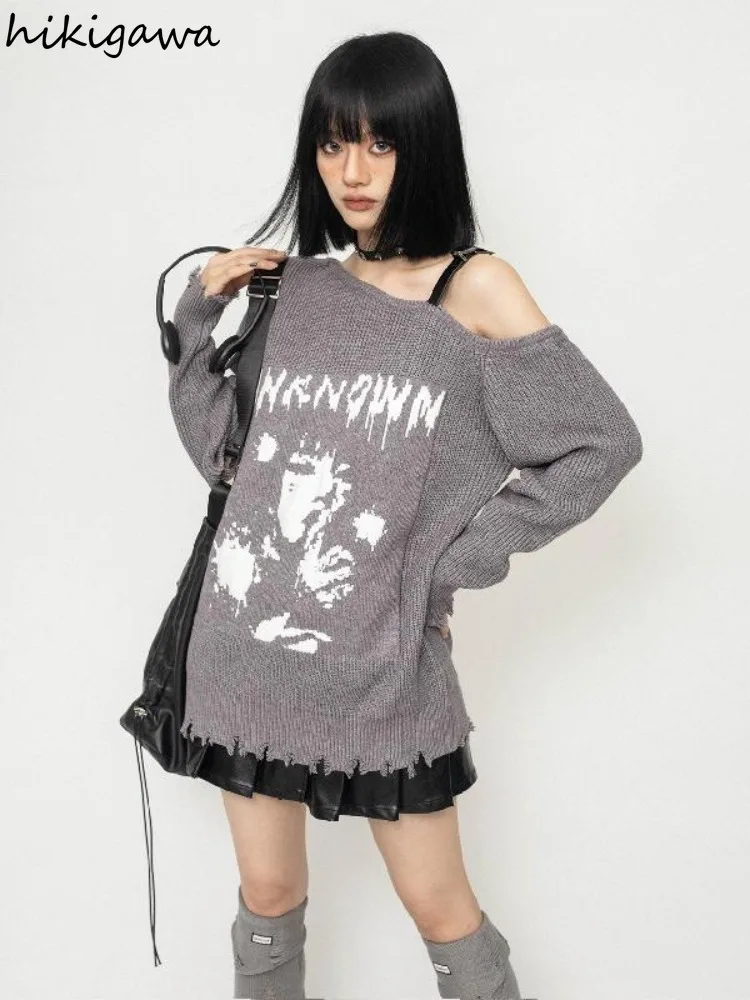 Streetwear Fashion Pullovers for Women Harajuku Print Off Shoulder Jumper Pull Femme Casual Knitted Oversized Sweater Y2k Tops