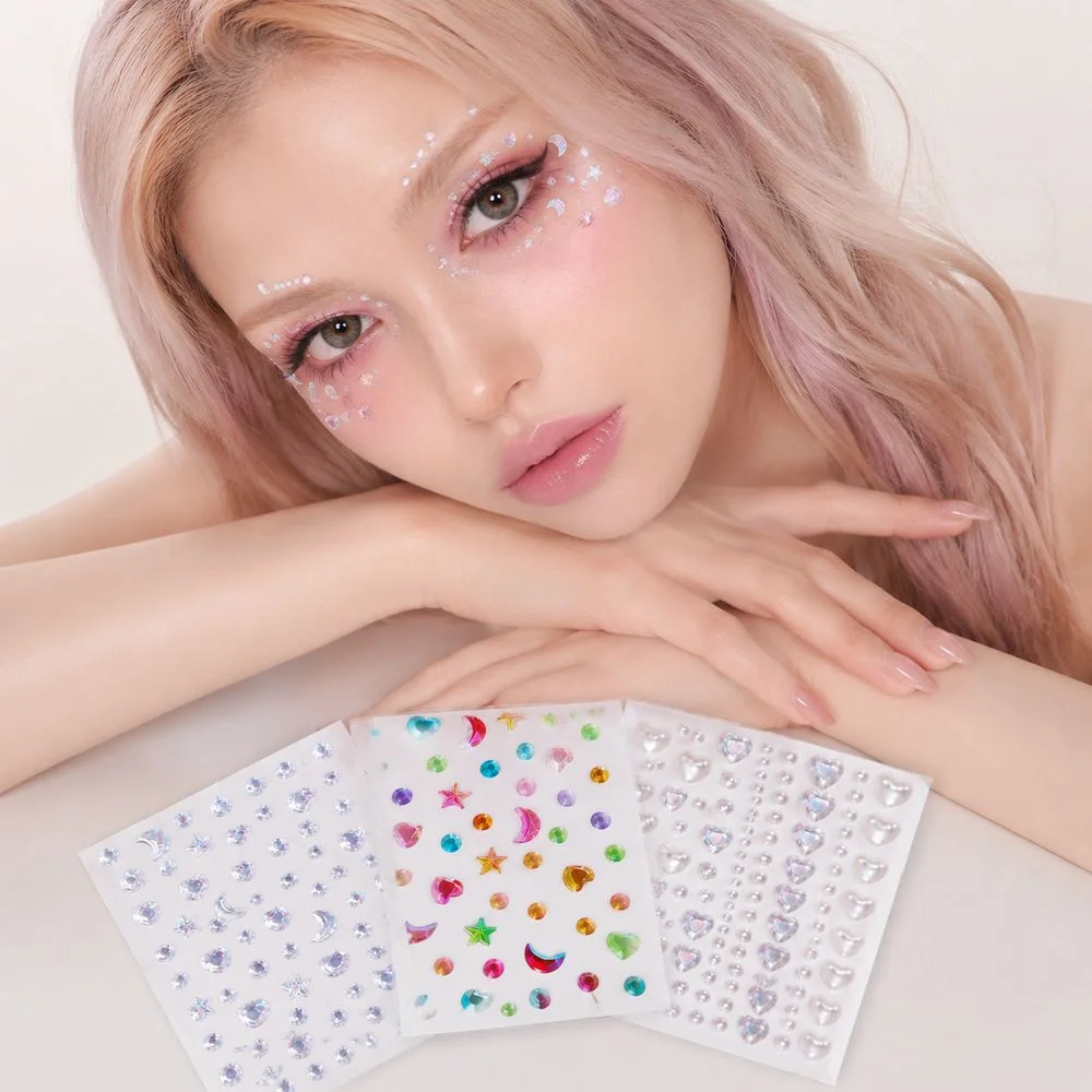 3Pcs/Set Mixed Moon Star Heart Adhesive Face Gems Shiny Crystal Rhinestone Stickers For Rave Festival Party Makeup Accessory