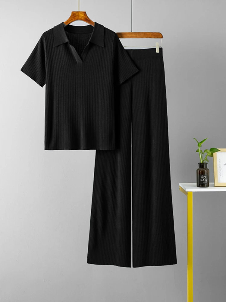 Two Piece Sets Womens Outifits Polo Collar Pullover Short Sleeved Top Slimming Versatile Solid Wide Leg Pants Fashion Pant Sets