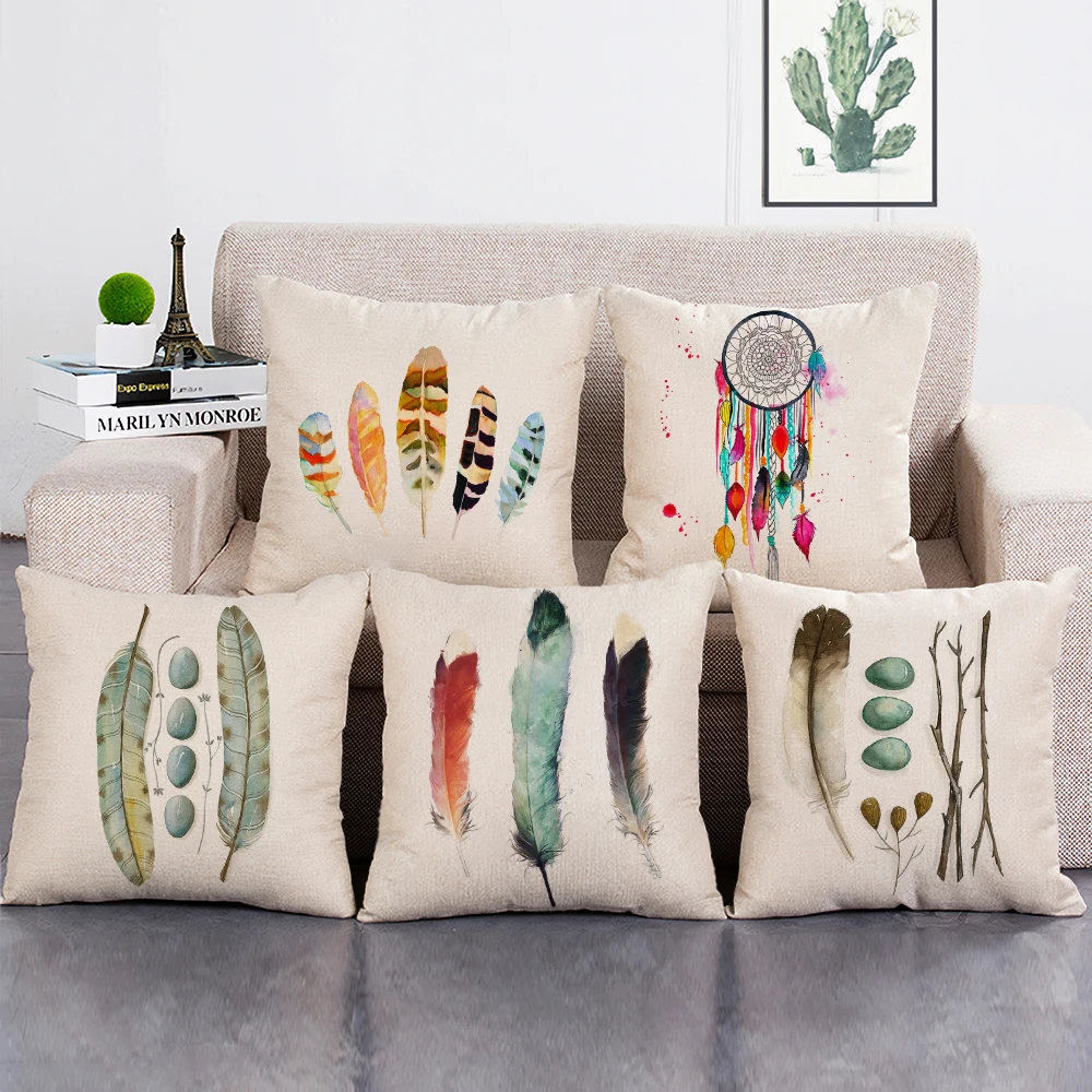 

Watercolor Feather Print Cushion Cover 45x45cm Throw Pillow Case for Car Home Sofa Decor Customized Pillowcase