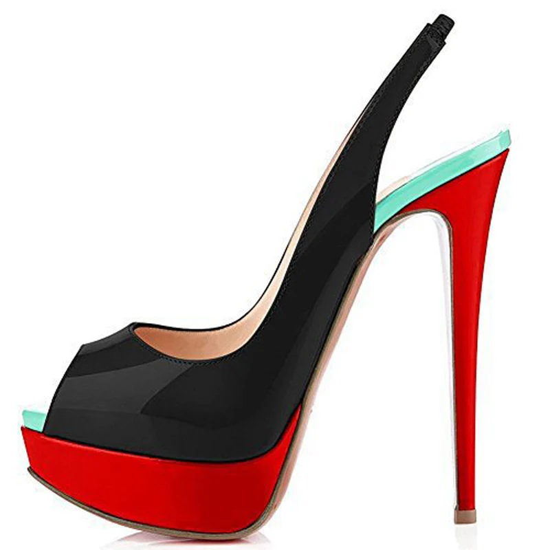 

Multi-Color 14cm High Heel Platform Peep Toe Slingbacks Pumps Mixed Color Patent Leather Woman Shoes Patchwork Banquet Zapatos