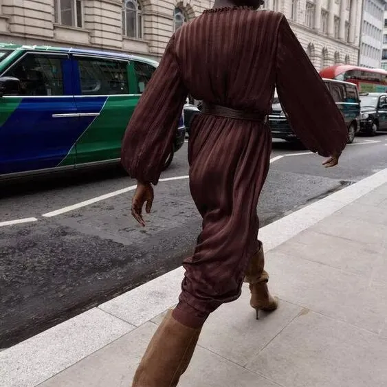 ファイオナブル ミディ丈 ドレス レディース スタイリッシュ 多用途 ベルト付き 秋の新作 ロング丈 ポリエステル オフィス通勤 レディース ドレス