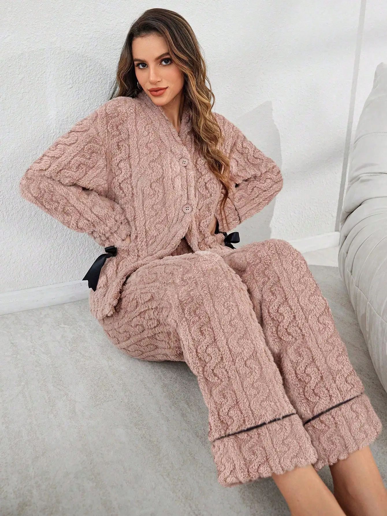 

Women's Cable Knit Fleece Pajama Set with Bow Detail, Cozy Winter Lounge Wear