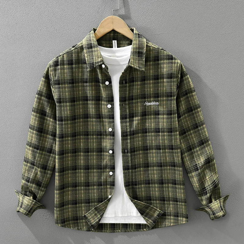 2026 Spring Autumn New Vintage Letter Embroidered Soft Long Sleeve Shirt for Men Clothing Plaid Big Pocket Versatile Streetwear