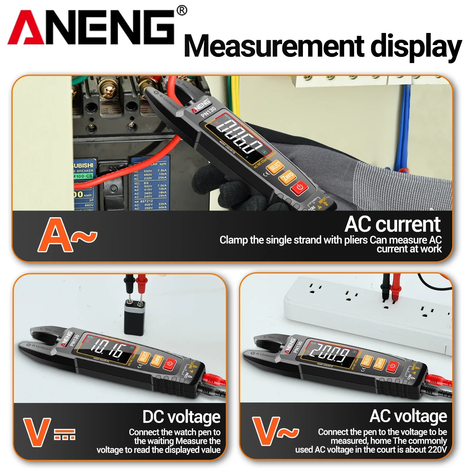 ANENG PN130 Digital Clamp Meter with B16 Induction Pen Set 4000 Counts Clamp Meter with Zero and Live Wire Recognition Test Pen