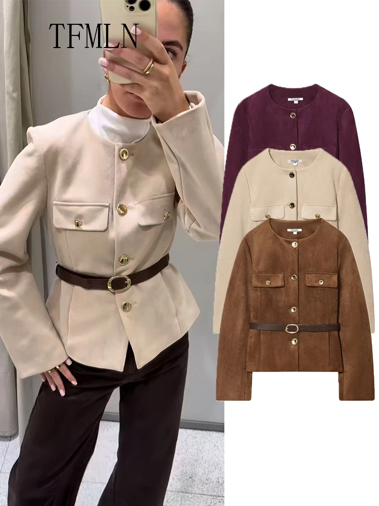

TFMLN 2025 осенние женские повседневные куртки с поясом, модные офисные женские однобортные карманы, шикарные пальто, уличные топы с круглым вырезом в стиле ретро