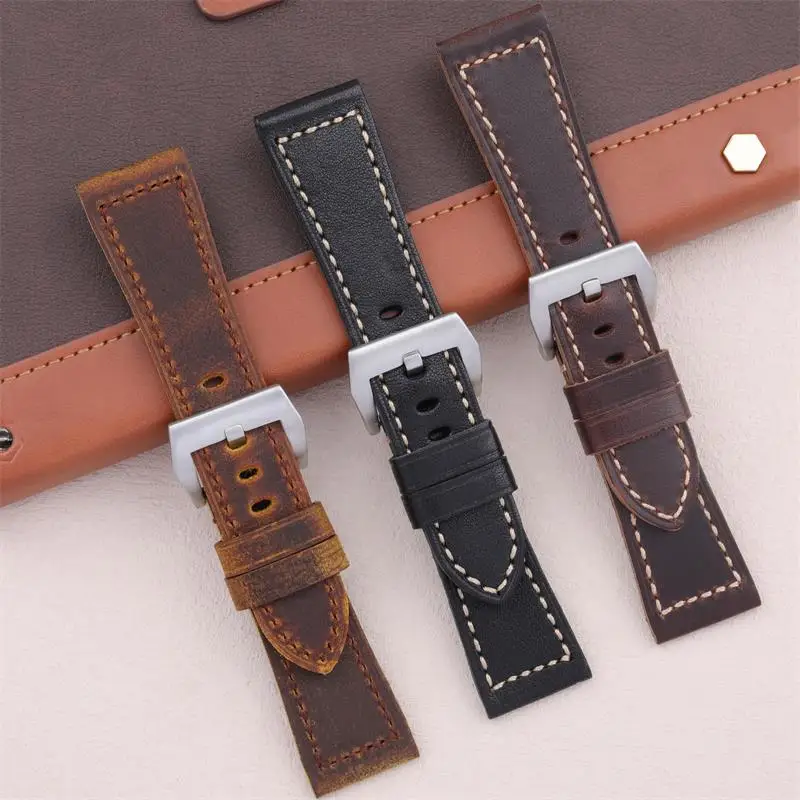 NFR Handmade Hand-folded Italian Leather Watchband Thickened Cowhide Wristband 26mm With 22mm Buckle Brown Bracelet For Panerai