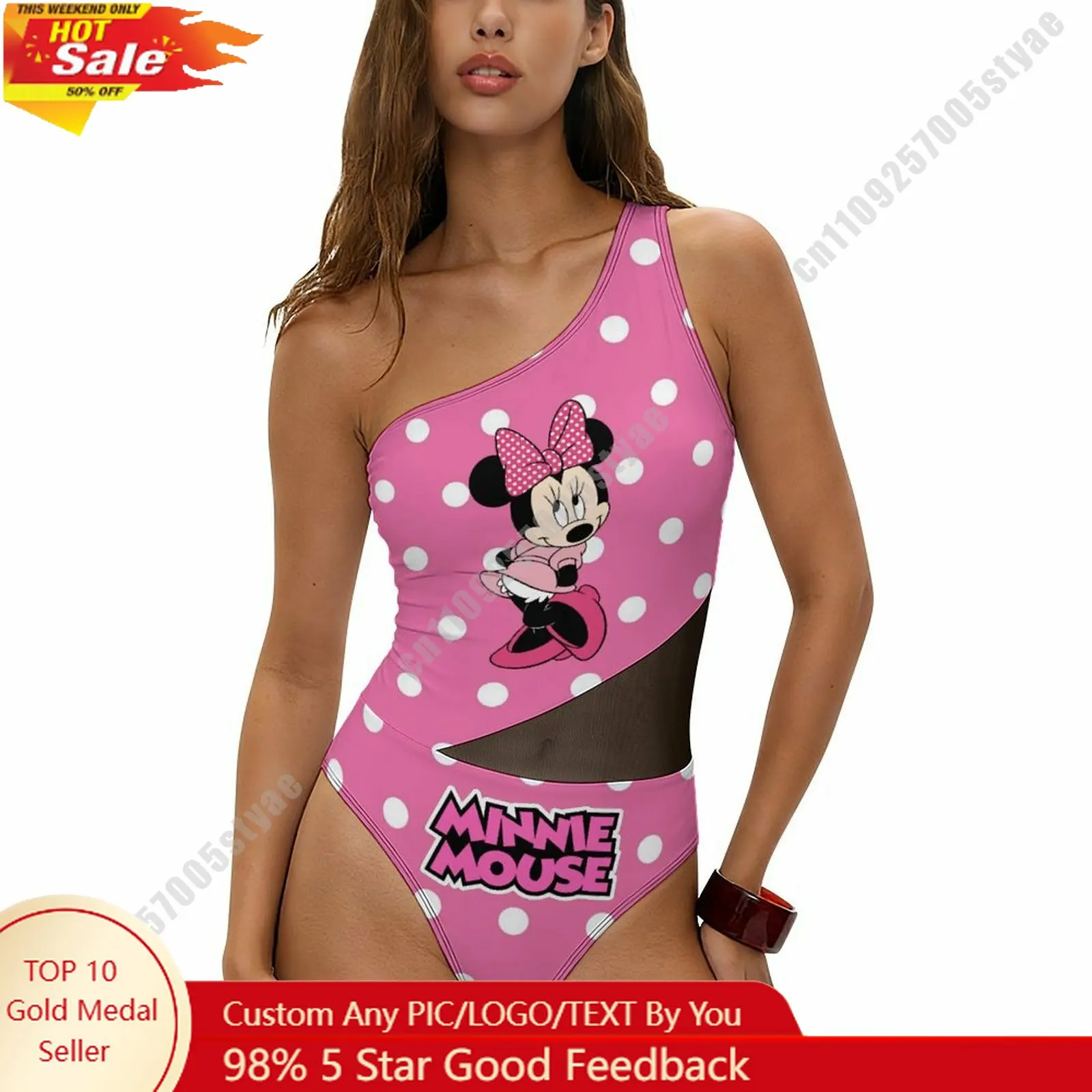 

Minnie Mouse Swimwear Disney Cartoon Women Mesh One Piece Swimsuit Summer Fashion Beachwear Tummy Control One Shoulder Swimsuit