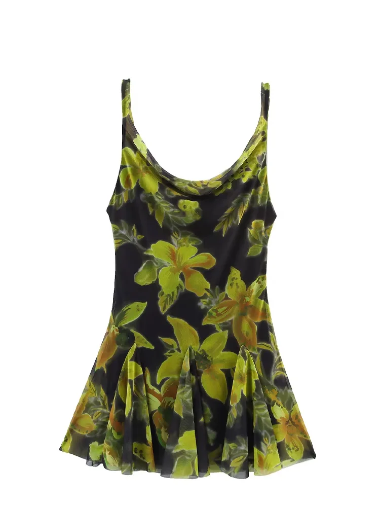 HH Frauen Neue Elegante Ärmellose Tüll Gedruckt A-Line Kleid Sommer Weibliche Hohe Taille Gefaltetes Schlanke Backless Sling Mini Kleid
