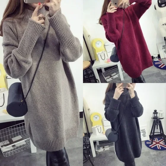 

Women's turtleneck sweater Mock Neck Pullovers Sweater High Quality Oversized Jumper Split Fall Winter Clothes Red Grey Green