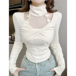 Net Yarn Patchwork Slim Short T Shirts Spring Autumn New Long Sleeve Bow Hollow Out Sexy Tops Tees Fashion Korean Women Clothing