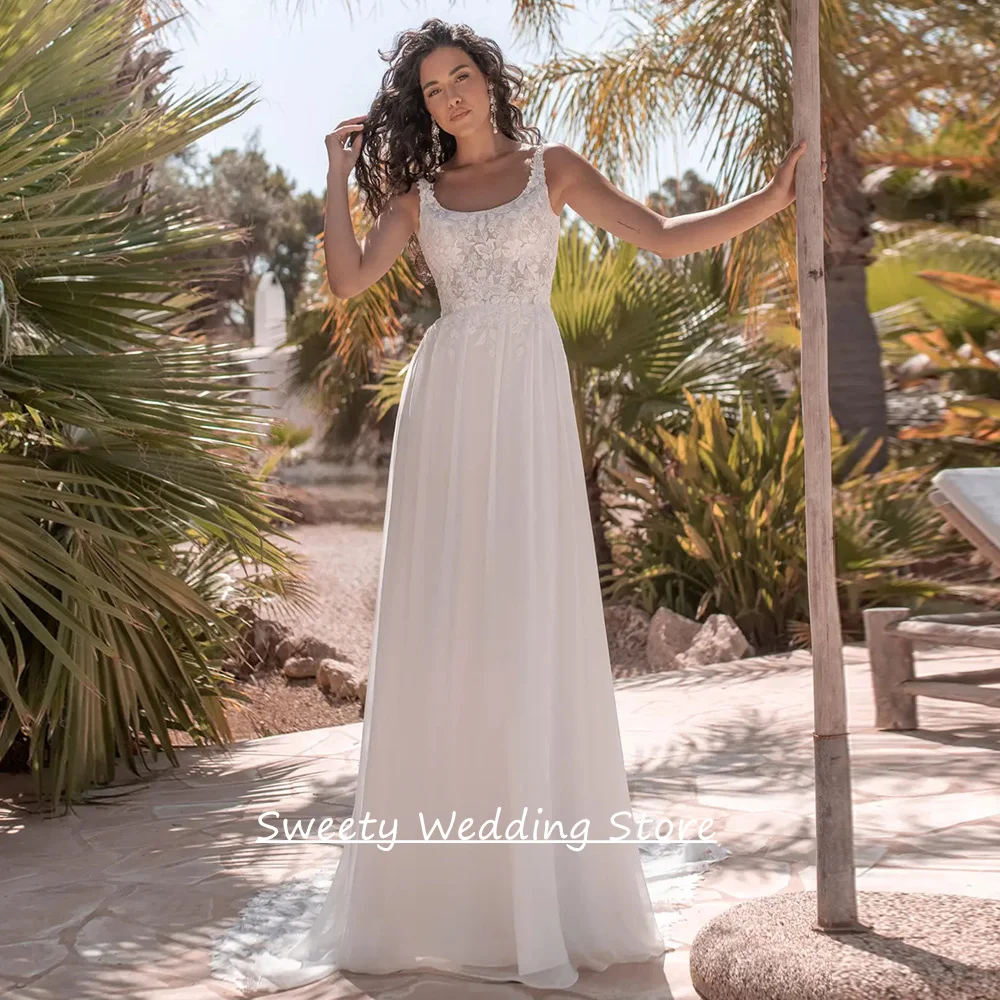 Cheap Bride Wedding Dress Customized Scoop Neck Sleeveless Lace Applique Sweep Train A Line Chiffon Robe Bridal Gown