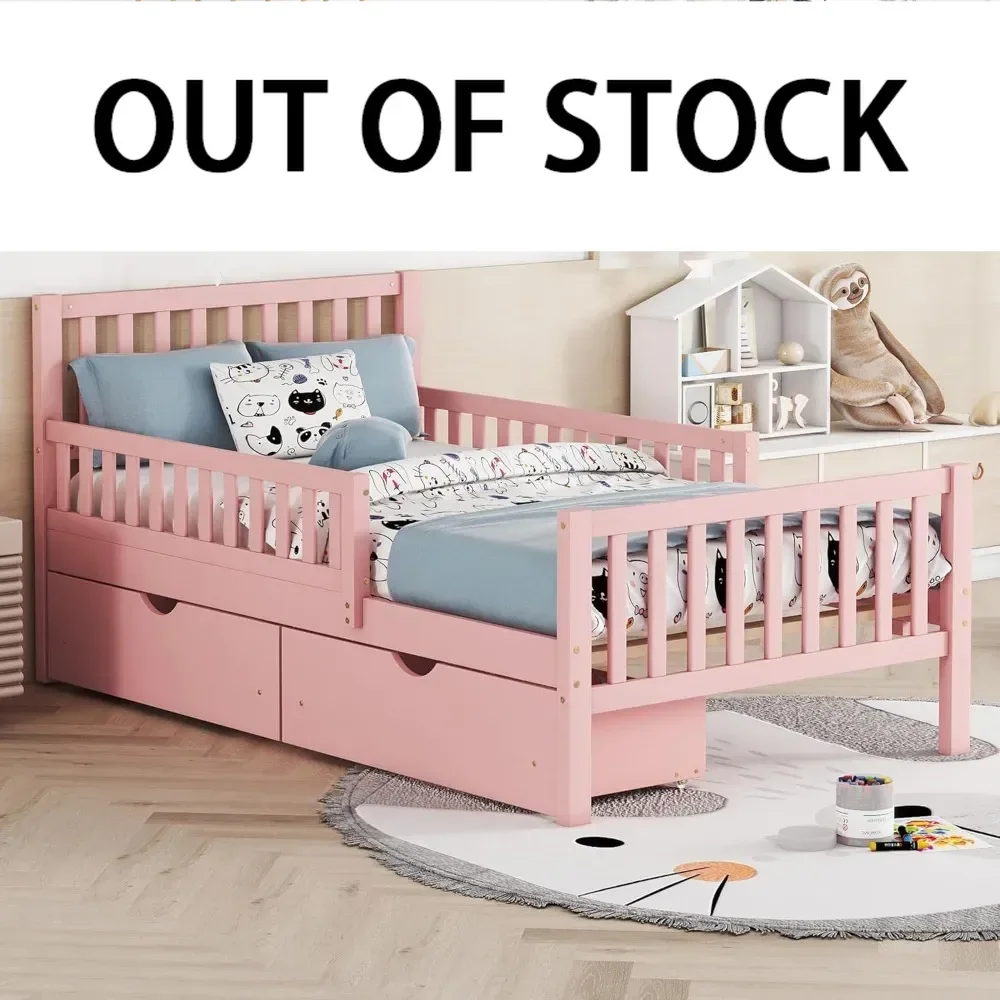 Kids Twin Bed with Guardrails, Low Platform Bed with Headboard and Footboard,Pink Children Bed Frame with 2 Drawers for Boy Girl