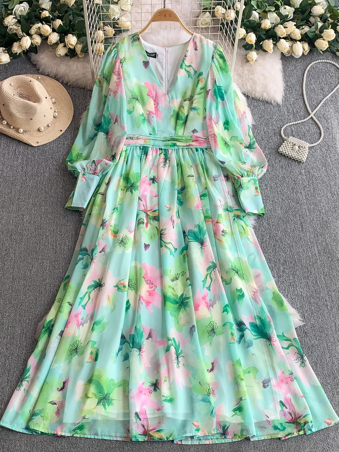 Ele v-ne longue Sve mousseline de soie Dr femmes été plissé taille cintré minceur vacances Maxi jupe coréenne Sle imprimé