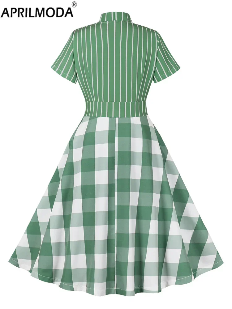 Big Bow Neck 2024 Green Plaid Print Patchwork Retro Vinatge Dress Withe Summer 40s 50s 60s High Waist Casual Runway Midi Dresses