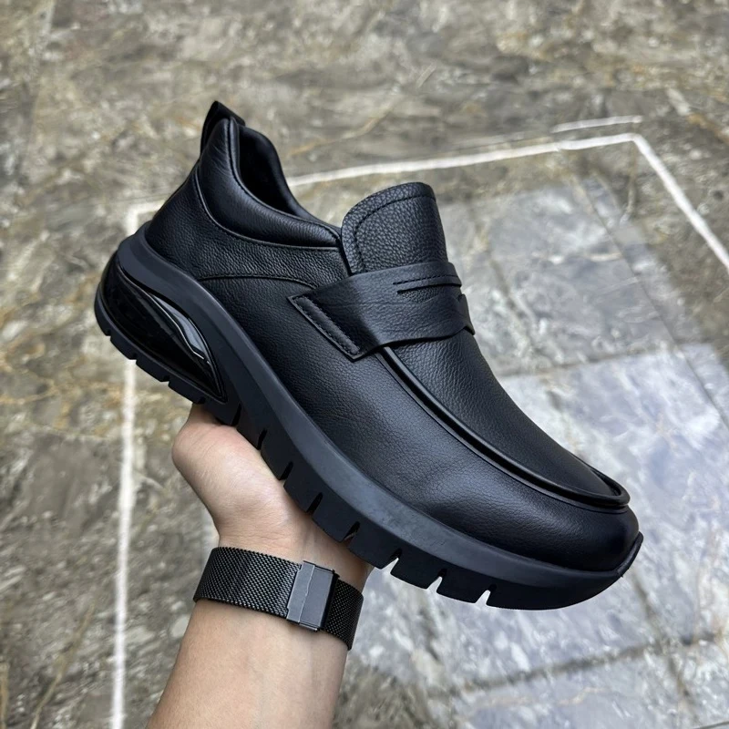 Men Genuine Leather Loafers Slip‑on Business Casual Shoes Thick Platform Sole Non‑slip Footwear Walking Dress Shoes