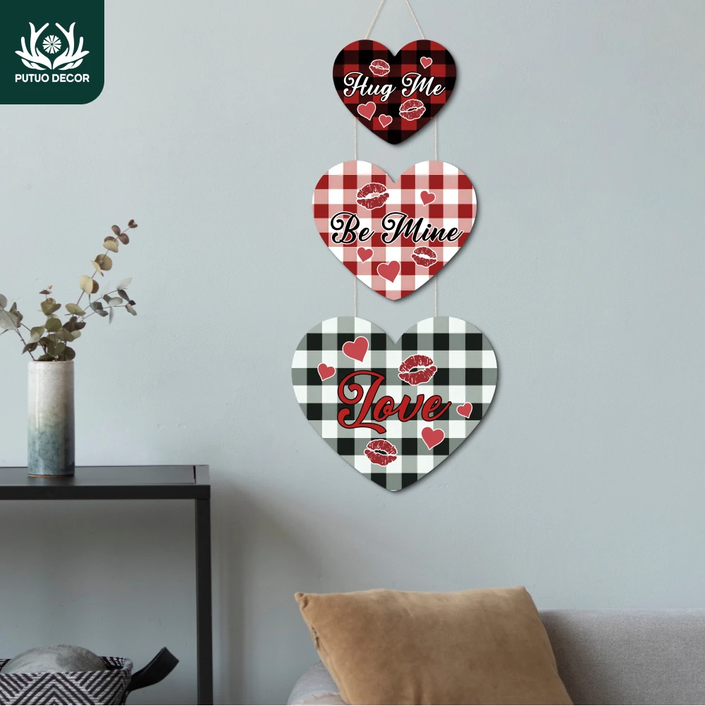 

Putuo Decor Valentine's Day Heart Element Wooden Hanging Sign, Hug Me Be Mine Love, Wood Decoration for Home Office Pub Cafe