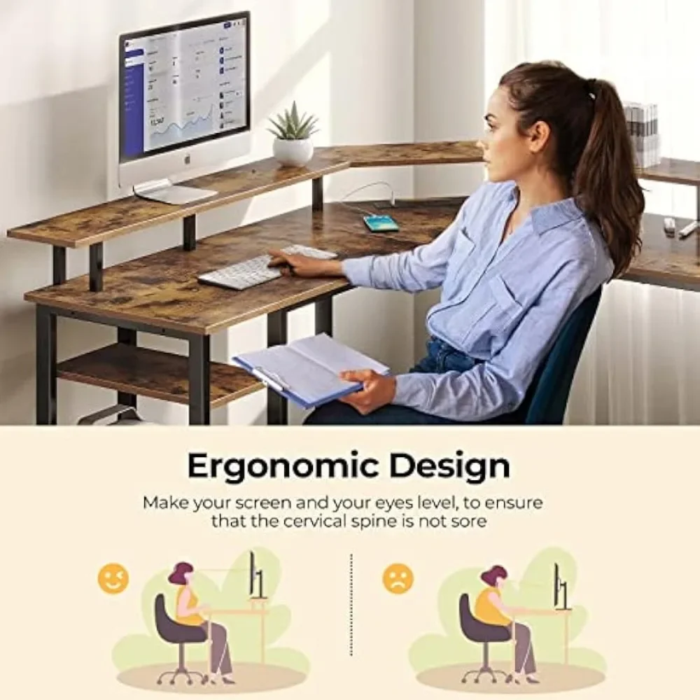 L Shaped Gaming Desk with LED Lights & Power Outlets, 56" Computer Desk with Full Monitor Stand & Storage Shelf, with Hooks