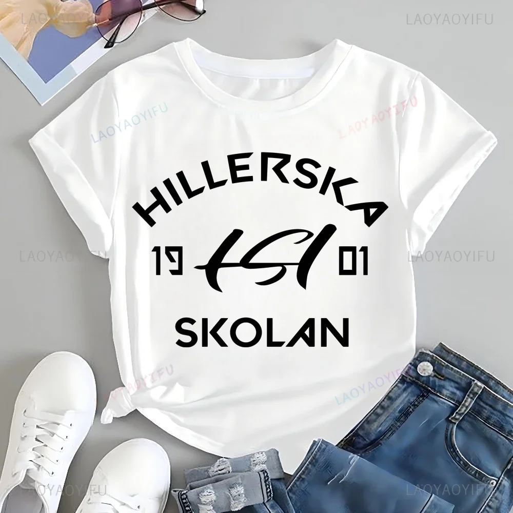 Vintage Hillerska Skolan Print T-shirt Top Hillerska Skolan Trend Harajuku Short Sleeved Unisex Shirt Pattern Oversized T-shirt