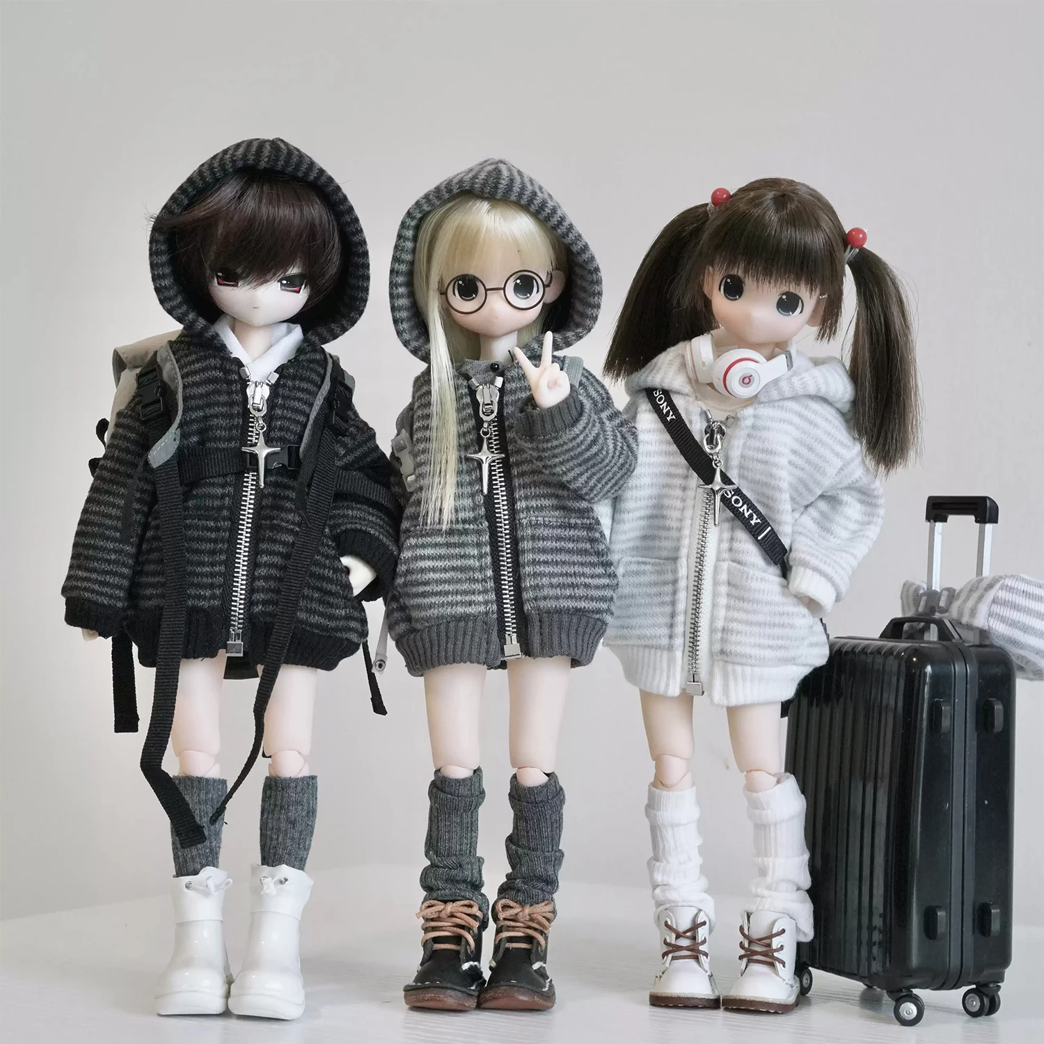 1/6 1/4 BJD Doll Clothes Striped Zip Up Hooded Jacket, Versatile Cardigan Outer Coat for Ball Jointed Dolls Accessories