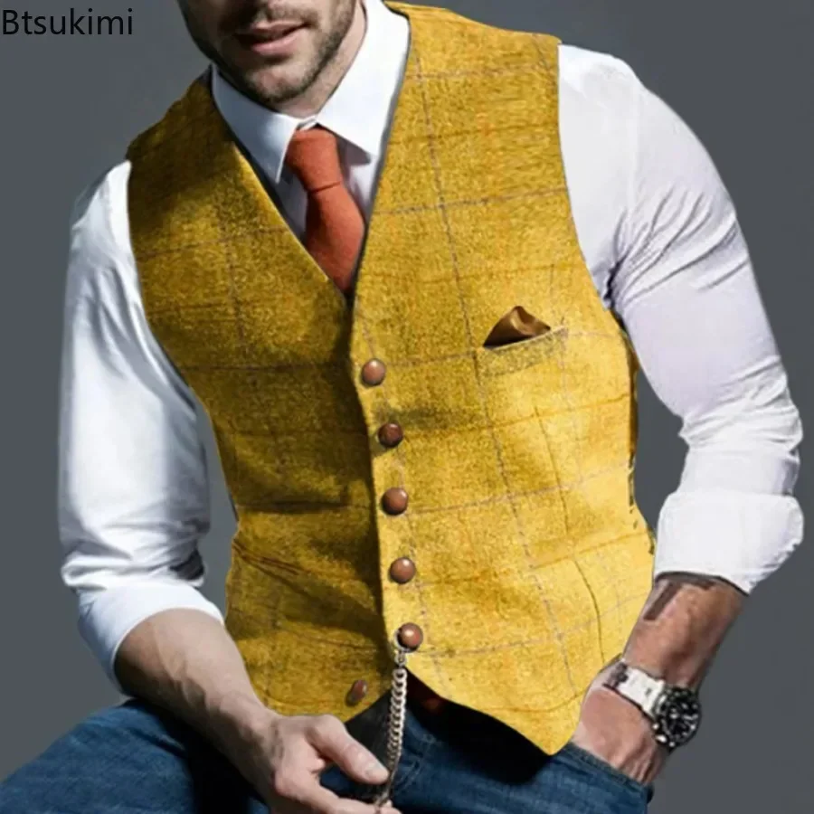 2024 Men\'s Formal Vests Lapel Tweed Plaid V-neck Waistcoat Slim Vest Business Formal Dress Suit Casual Wedding Tuxedo Male Vest