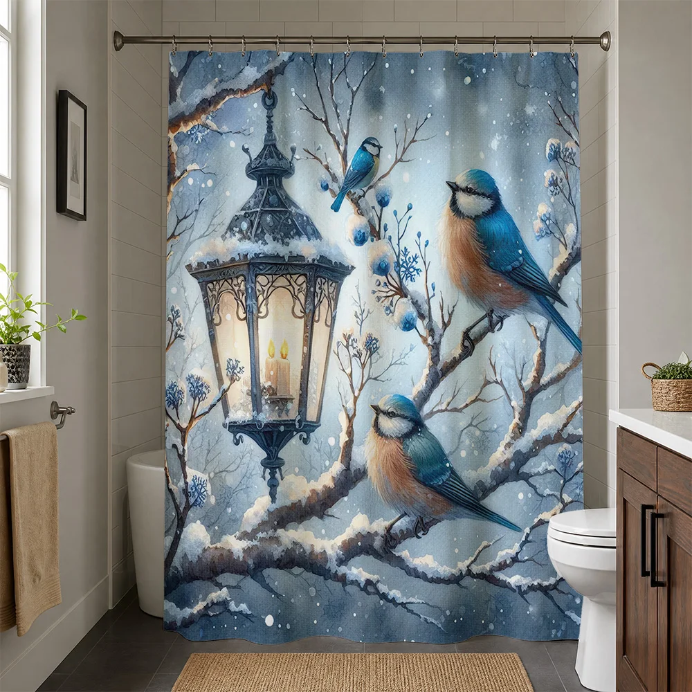 Watercolor Blue Birds on Snowy Branches Shower Curtain Bathroom Decor Woodland Forest Shower Curtain