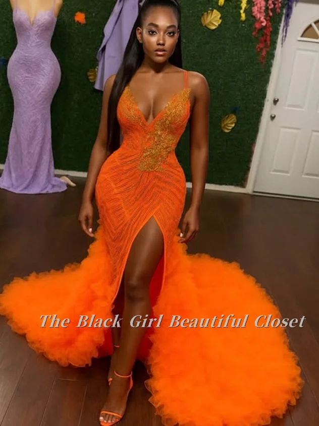 

Customized Orange V Neck Strapless Prom Dress Sleeveless Fishtail Trailing High Slit Beaded Applique Puffy Tulle Sexy Evening