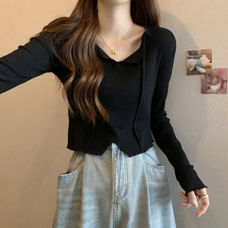 

Short Sexy Collarbone V-neck Inner Long-sleeved T-shirt Women's Spring Autumn Design Unique Top