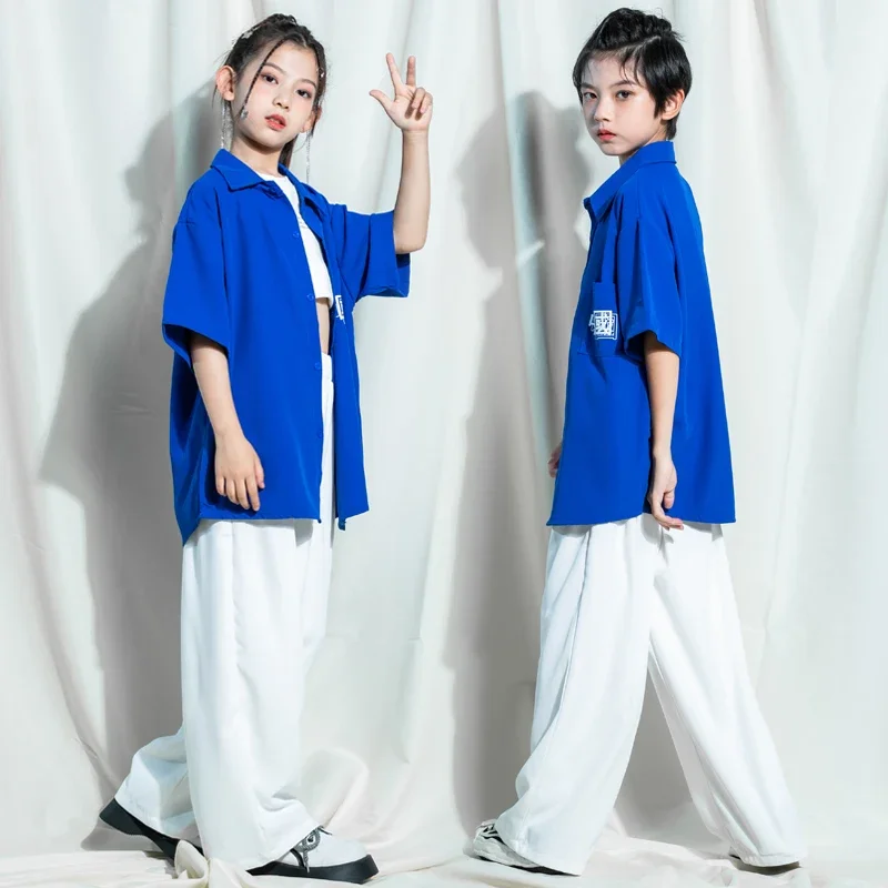 Disfraz de baile de Jazz para niños, ropa de calle para escenario, trajes de Kpop para adolescentes, ropa de Hip Hop, camisa azul, Tops, pantalones holgados