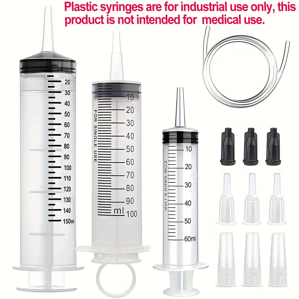 60/100/150ml Large Syringe with 100cm Tubes, Converter, and Cap Set, Garden Syringe for Liquid Lip Gloss, Paint, Epoxy Resin, Oil, Watering, Plant Refilling, Suitable for Industrial, Veterinary, and Laboratory Applications, Can Be Used as a Sampler, Dispenser, DIY Ink Syringe, or for Fluid Replenishment, Dosing Extraction, Scientific Research Experiments, and Plant Watering