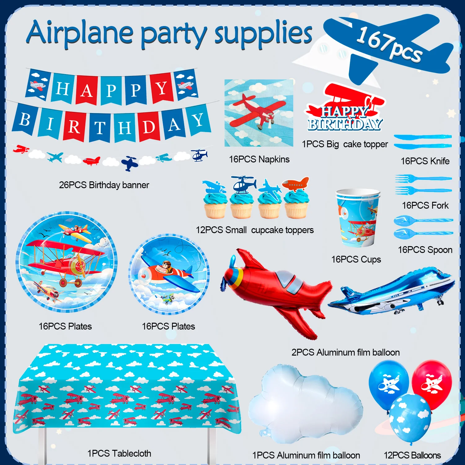 Airplane Birthday Party Decorations,167pcs decorations&Airplane Party Tableware set-Airplane Plates Napkins Cups TableCloth etc