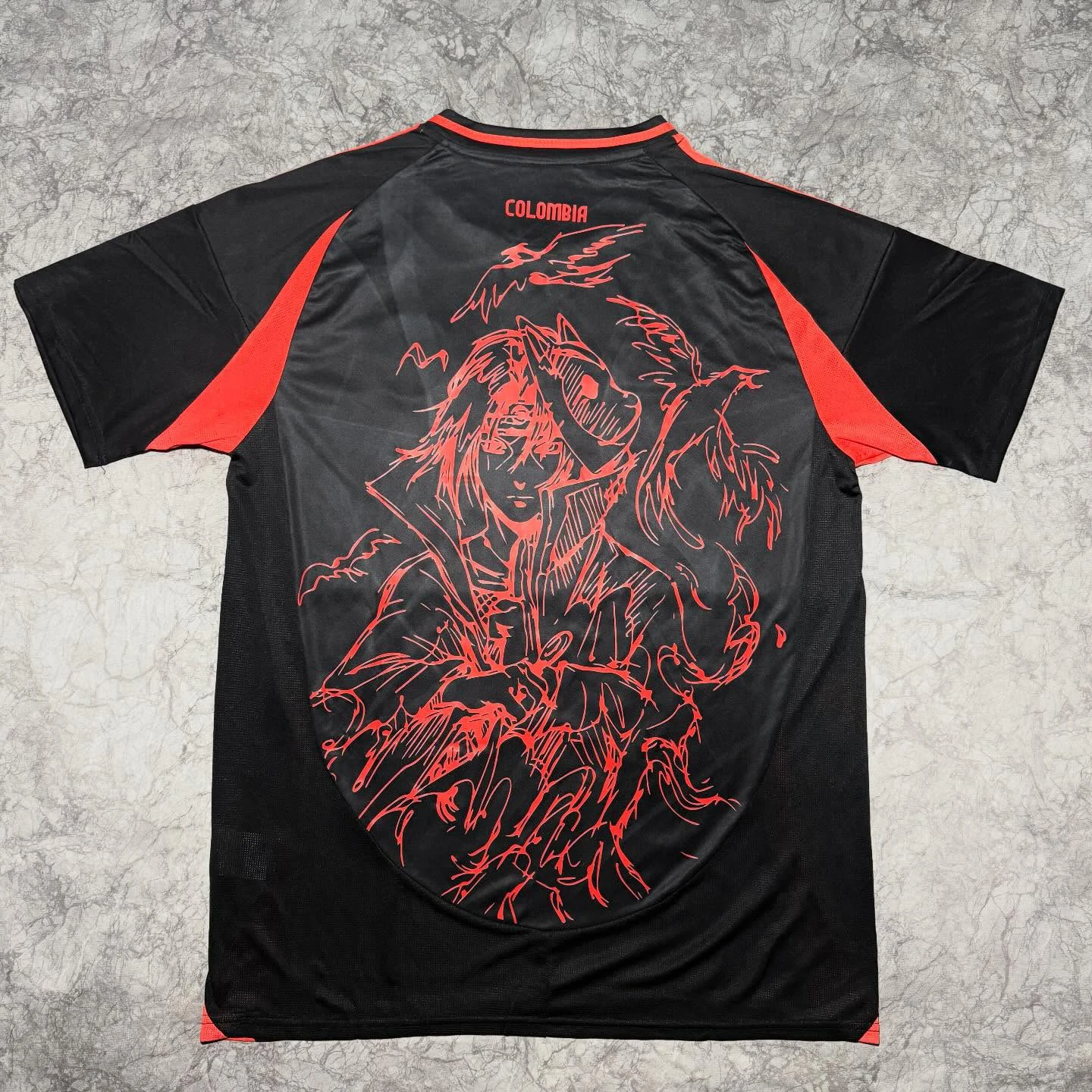 Men Colombia Football Jersey Short Sleeve Black Red Soccer Shirt Anime Ninja Crow Print Casual Sports Training Tee Uniform